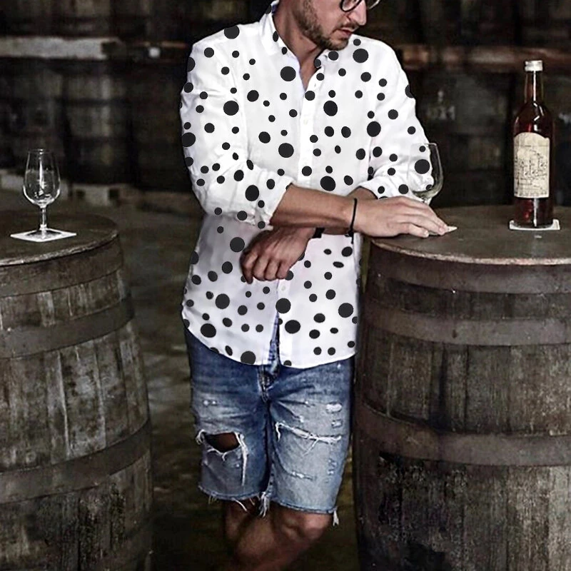 (image for) INCERUN Fashion Men Shirt Polka Dot Print Lapel Long Sleeve Casual Button Business Shirts Streetwear Handsome Camisas S-5XL