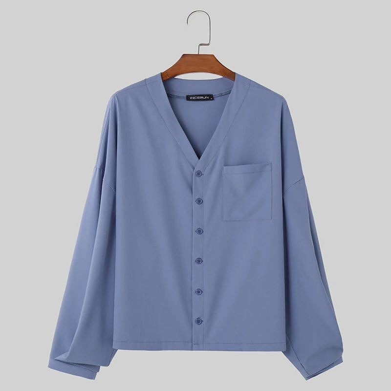 (image for) INCERUN Men Shirts Casual Blue Shirts Daily Long Sleeve White Shirts Solid Color V-neck Orange Shirts Summer Comfy Top with Breast Pocket