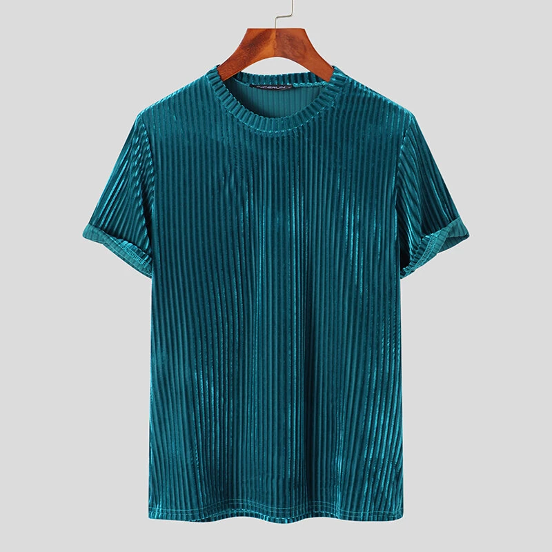 (image for) INCERUN Men T-Shirts Fashion Solid Color Skinny Elastic Top Tee Casual Summer Round Neck Short Sleeve Mens Clothing