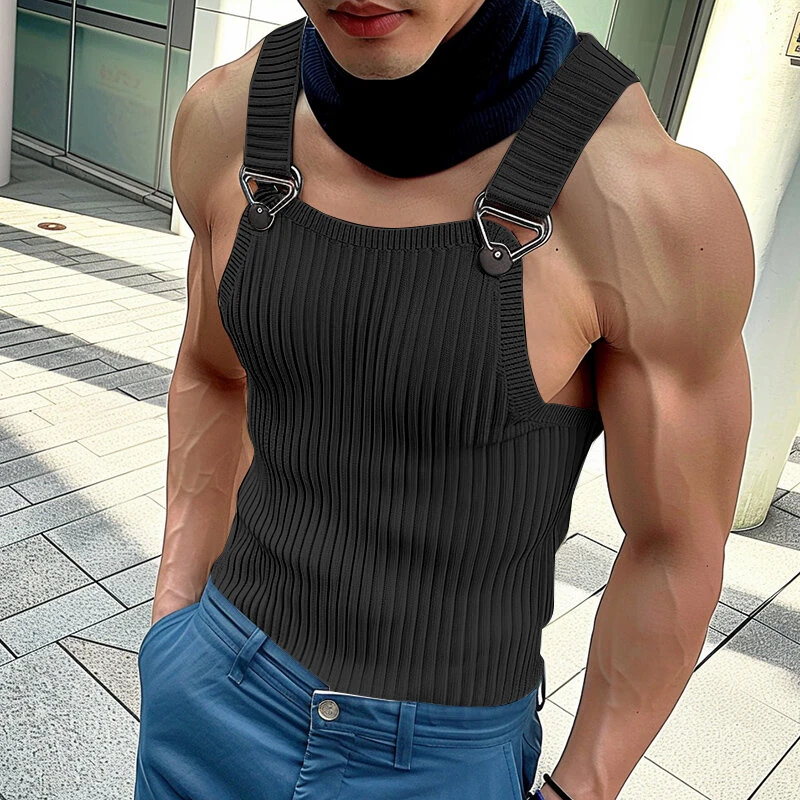 (image for) INCERUN Mens Solid Knit Textured Sleeveless Vest Fashion Solid Color Metal Button Strap Tank Top for Men