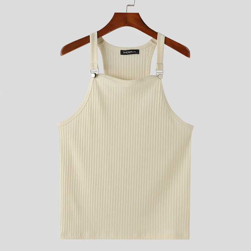 (image for) INCERUN Mens Solid Knit Textured Sleeveless Vest Fashion Solid Color Metal Button Strap Tank Top for Men