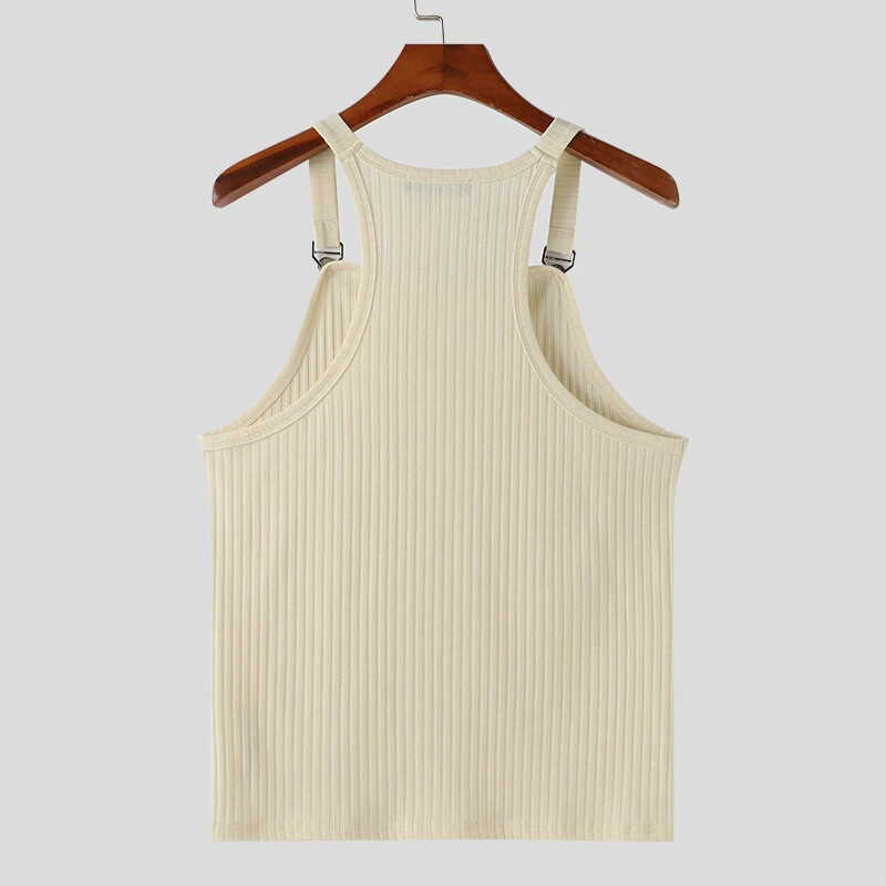 (image for) INCERUN Mens Solid Knit Textured Sleeveless Vest Fashion Solid Color Metal Button Strap Tank Top for Men