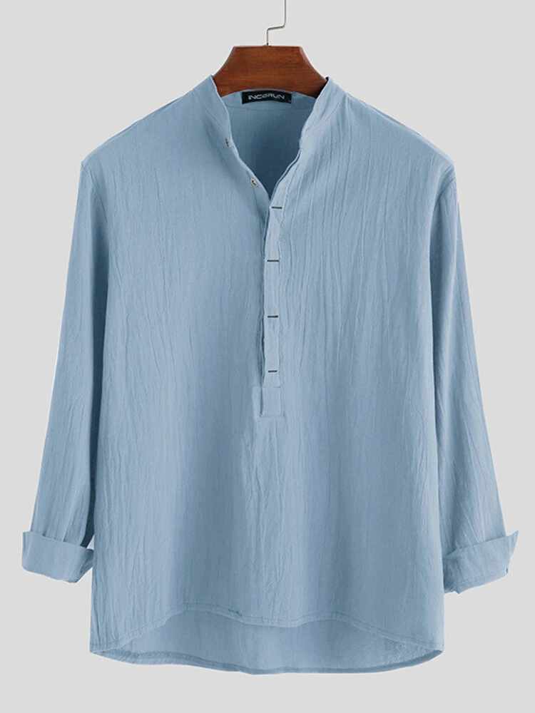 (image for) INCERUN Mens Solid Stand Collar Cotton Long Sleeve Henley Shirt