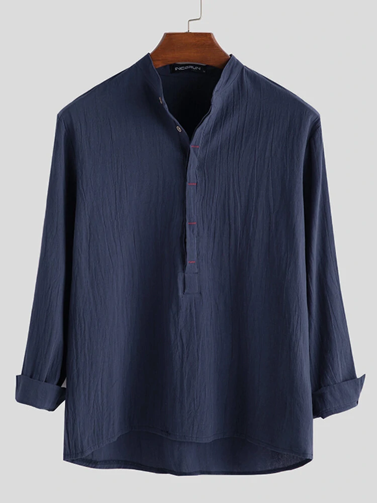 (image for) INCERUN Mens Solid Stand Collar Cotton Long Sleeve Henley Shirt