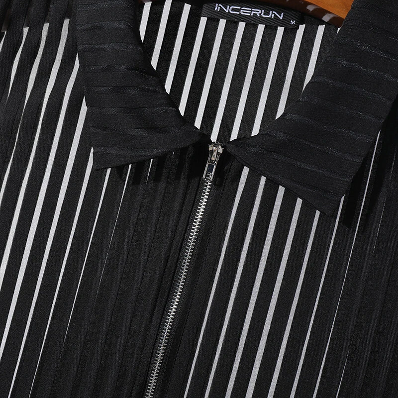 (image for) INCERUN Mens Striped See Through Lapel Collar Vest Comfortable Black Zipper Sleeveless Tank Top for Male