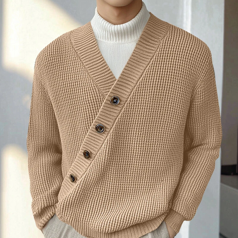(image for) INCERUN Mens Textured Asymmetrical V-Neck Long-Sleeve Sweater Comfortable Solid Color Casual Fall Winter Top S-5XL