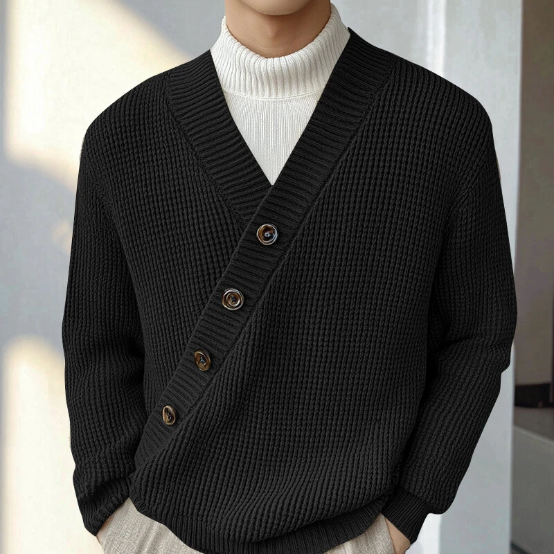 (image for) INCERUN Mens Textured Asymmetrical V-Neck Long-Sleeve Sweater Comfortable Solid Color Casual Fall Winter Top S-5XL