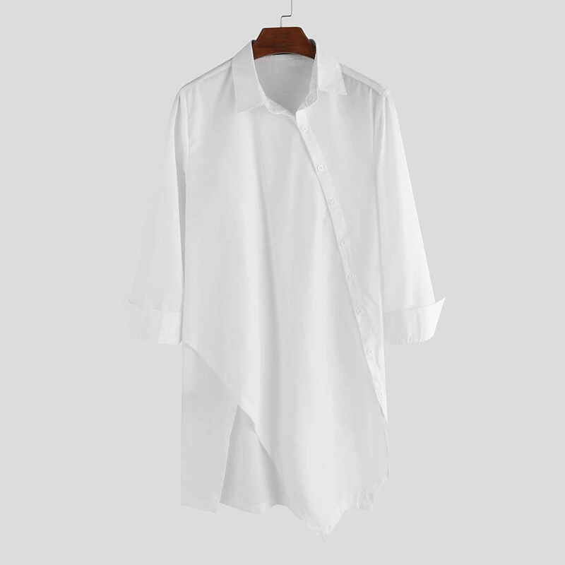 (image for) Men Solid Color Asymmetric Hem Long Sleeve Lapel Collar Shirt