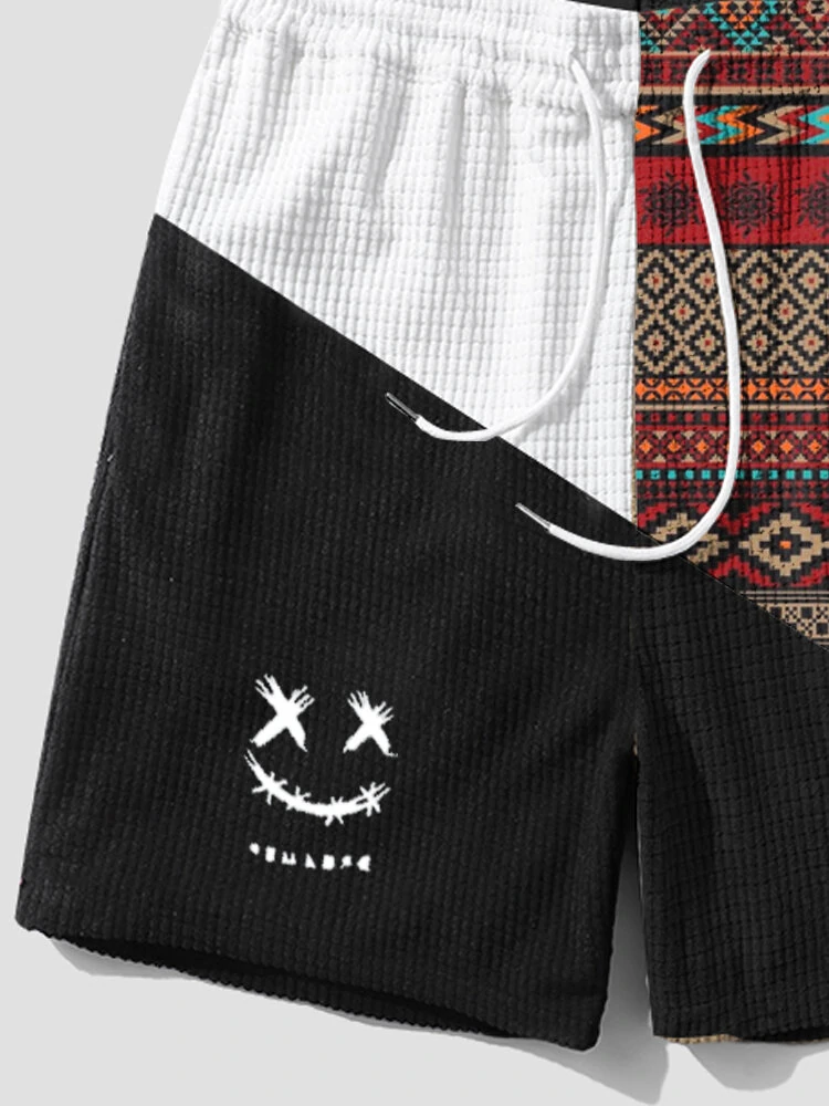 (image for) Mens Ethnic Geometric Funny Face Pattern Patchwork Corduroy Shorts
