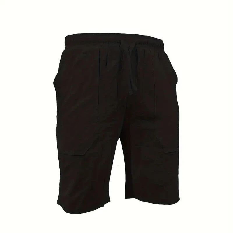 (image for) Men's Summer Cotton Linen Shorts Breathable Solid Black Drawstring Plus Size Beach Shorts Lightweight Casual Short Pants for Men Comfortable